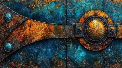   A detailed image of a rusted metal door, showcasing rivets and a circular indentation at its center