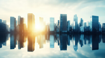 Wall Mural - a city skyline is reflected in the water, with the sun setting in the background