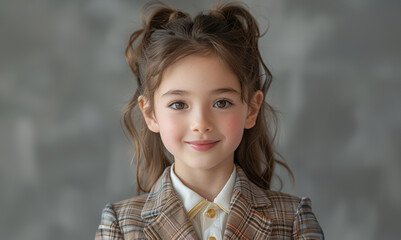 young caucasian girl with neatly styled hair and bright color eyes poses confidently in her school uniform. Her soft smile and tidy appearance make her look both adorable and mature.