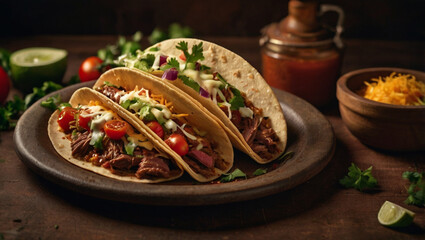 Wall Mural - Selective focus of typical Mexican food, namely tacos filled with beef and vegetables. Looks very tempting.