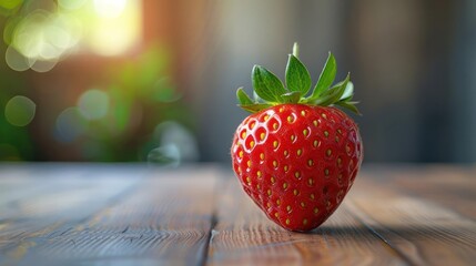 Wall Mural - A whole fresh strawberry standing upright on a table,