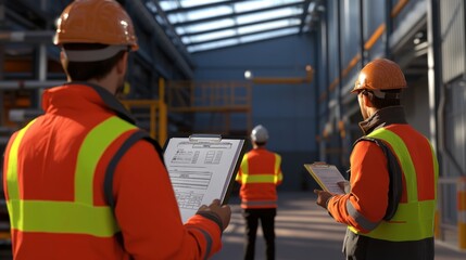 Wall Mural - generate a photo realistic image of workers inspecting safety equipment before use, with inspection 