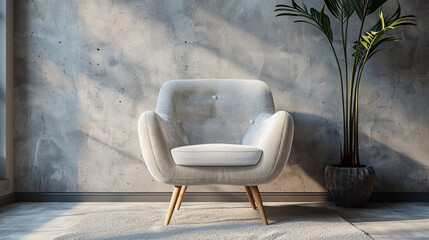 Wall Mural - Sunlight illuminating a modern minimalist living room interior with an armchair and a plant