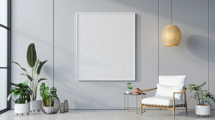 Wall Mural - Sleek interior design featuring a white armchair and a spacious empty frame on a neutral wall, perfect for displaying art or designs