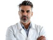 © pavlofox - A confident doctor in a lab coat poses with arms crossed against a white background