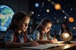 © LIFE LINE - group of skilled elementary student studying about astronomy and space at classroom by using technology innovation to simulate planet. diverse children playing and exploring planet and star