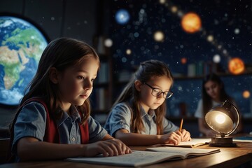group of skilled elementary student studying about astronomy and space at classroom by using technology innovation to simulate planet. diverse children playing and exploring planet and star