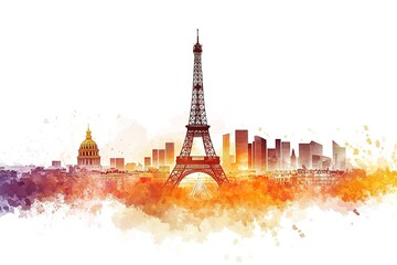 Watercolor Aesthetics of the Eiffel tower with colorful sunset in the background
