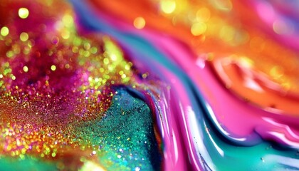 glitter fluid flow paint spill color ink wave pink blue orange green shimmering metallic texture flow motion on defocused art abstract background