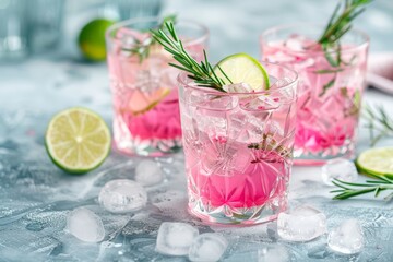 Three pink cocktails with lime and rosemary garnish