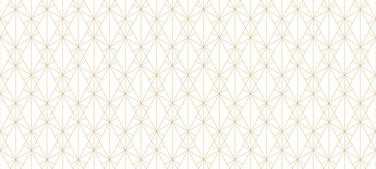 Wall Mural - Gold line pattern. Vector geometric seamless texture. Golden ornament with delicate grid, thin lines, outline lattice, mesh, net, diamonds, triangles. Luxury abstract repeatable art deco background