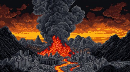 Wall Mural - Aftermath of a volcanic eruption in pixel art