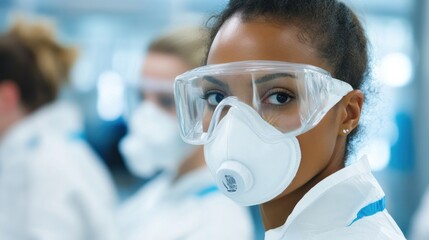 Wall Mural - generate a photo realistic image of workers receiving training on respiratory protection, with respi