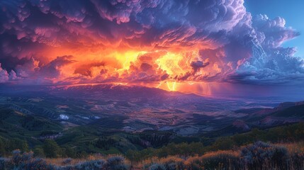 Wall Mural - Dramatic Sunset Sky with Lightning Over Mountain Range