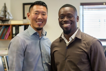 Cross-cultural collaboration showcased with an Asian and a Black male professional standing together in a shared office space.