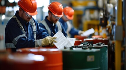 Wall Mural - generate a photo realistic image of workers reviewing safety data sheets (sds) for hazardous chemica