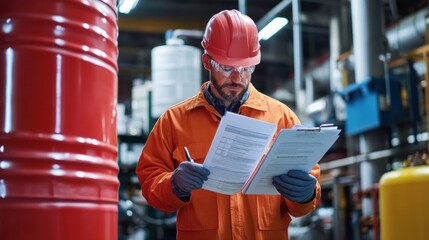 Wall Mural - generate a photo realistic image of workers reviewing safety data sheets (sds) for hazardous chemica