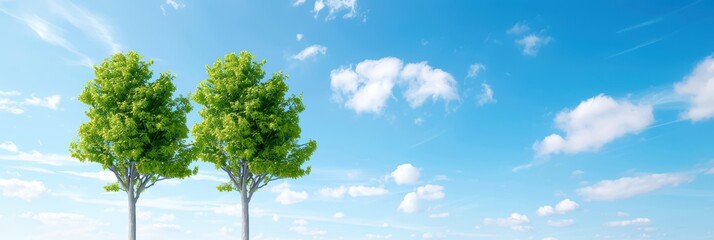 Two lush green trees stand against a bright blue sky with scattered white clouds, symbolizing tranquility and natural beauty.