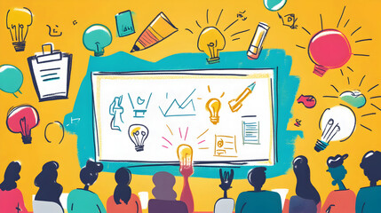 Wall Mural - an illustration depicting a collaborative marketing brainstorming session, showcasing a team engaged
