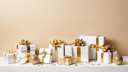 Wall Mural - A collection of wrapped holiday gifts with ribbons and gold foil accents.