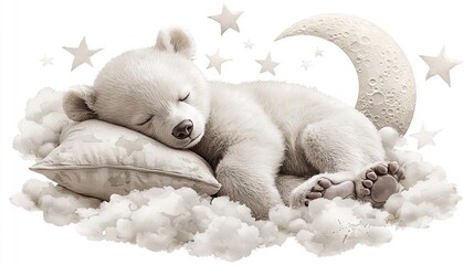 Wall Mural -  White  bear on pillow, crescent and stars in sky, white background