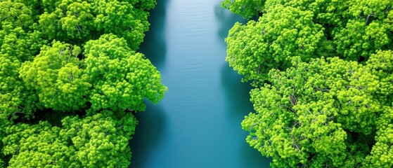 Wall Mural - aerial view of a serene river flanked by lush green trees, creating a tranquil natural landscape per