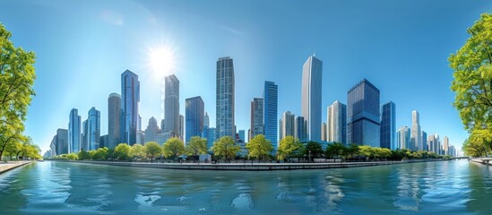 Canvas Print - Chicago Skyline Panorama with River and Trees