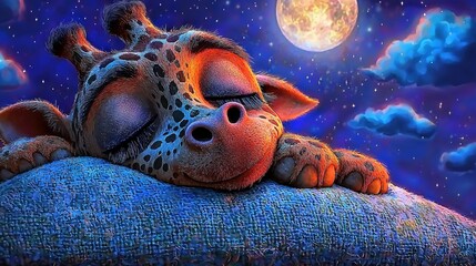 Wall Mural -   A serene giraffe slumbers on a pillow beneath a radiant full moon in the tranquil night sky