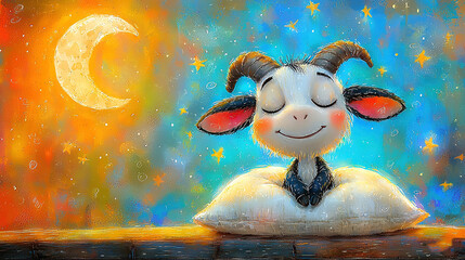 Wall Mural -   A painted goat atop a pillow against the nighty sky, adorned with shimmering stars and a luminous half-moon