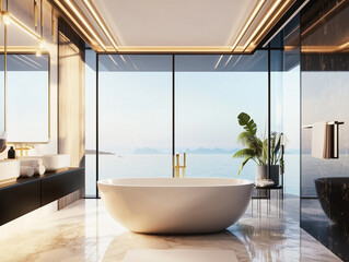 Luxury minimalist bath room, two floor high ceiling. Sea view outside the window. Spacious bathtub.