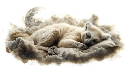 Wall Mural -   A white wolf slumbers atop a cloud of smoke, with a full moon casting its glow in the background