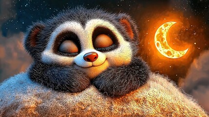   A panda sat atop dirt beside a half-moon and starry sky