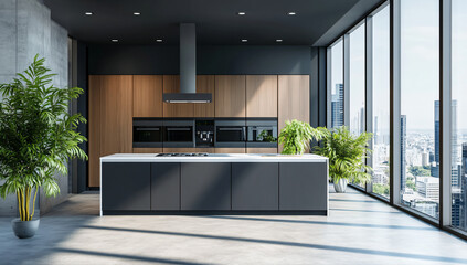 Sticker - Modern kitchen island with city view.