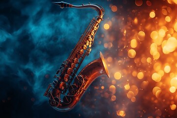 An artistic portrayal of a saxophone enveloped in vibrant red, blue, and golden smoke, embodying the essence of jazz music.