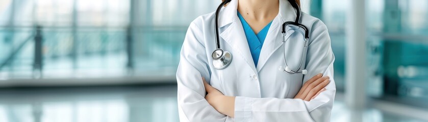 Doctor in white coat with stethoscope standing confidently in a modern hospital setting, emphasizing professionalism and healthcare excellence.