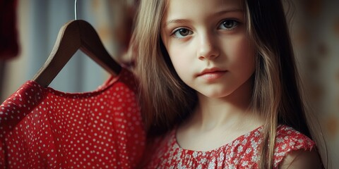 Poster - A young girl in a red dress with white polka dots, wearing the dress and looking at it on a hanger.