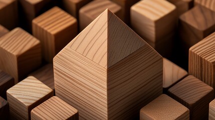 Detailed view of a pyramidshaped wooden block with smooth sides, placed among cubes and spheres, showing the diversity of shapes in timber, timber, pyramid shape