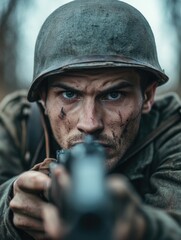 A soldier in uniform with a rifle, aiming at the camera with intensity.