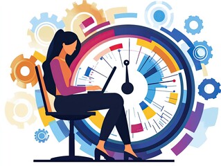 illustration businesswoman time management, office work deadline, start and end time schedule concept, female working with laptop