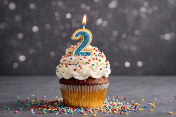 Cupcake for 2nd birthday with whipped cream, colorful sprinkles, and number 2 candle, set against a dark background