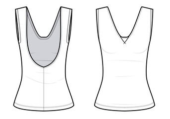 Sticker - Sleeveless bodycon top technical fashion illustration. hoodie vector template illustration. front and back view. V-neck. Sexy fit. Women’s. white color. CAD mockup set.