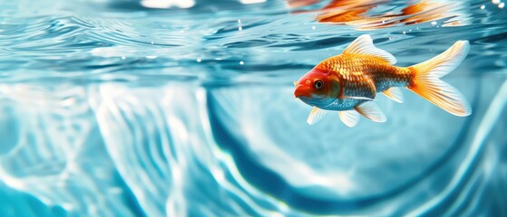 Vibrant goldfish swimming underwater with reflections and ripples, showcasing aquatic life in a clear, pristine environment.