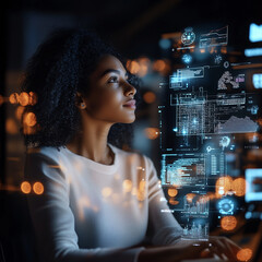 Data Driven Dreams: A young woman, gazing thoughtfully at a holographic display of data and code, embodies the future of technology and innovation. Her focus and determination suggest endless possibil