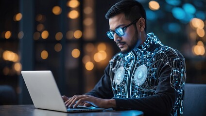 Wall Mural - Man using laptop for searching of technology smart open AI or artificial intelligence using an artificial intelligence chatbot developed