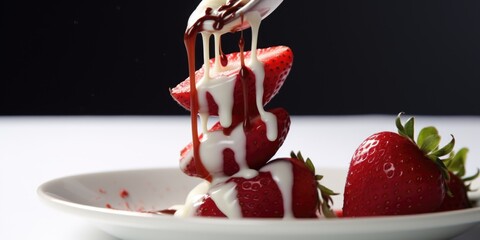 A bowl of fresh strawberries covered in whipped cream