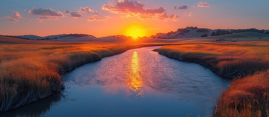 Wall Mural - Sunset over a River in a Meadow