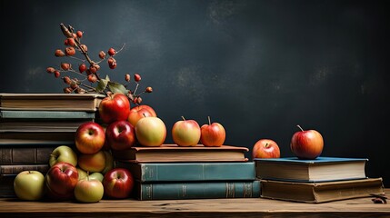 Wall Mural - pile of books, stationery and apples on a wooden table with a minimalist background