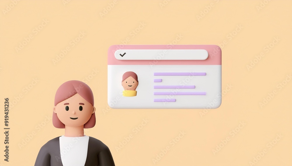 A friendly avatar standing next to a profile card, showcasing digital ...