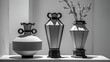 © PixelMind Creations - A set of monochrome geometric vases, showcasing minimalist design and modern elegance in black and white.