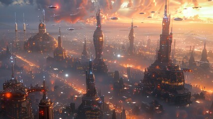 Poster - Futuristic Cityscape at Sunset